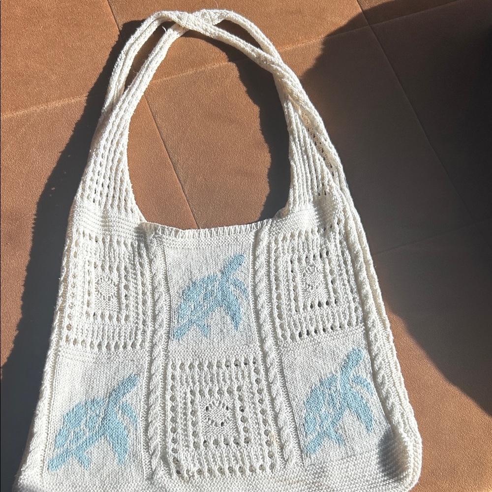 Handcrafted White and Blue Tote Bag